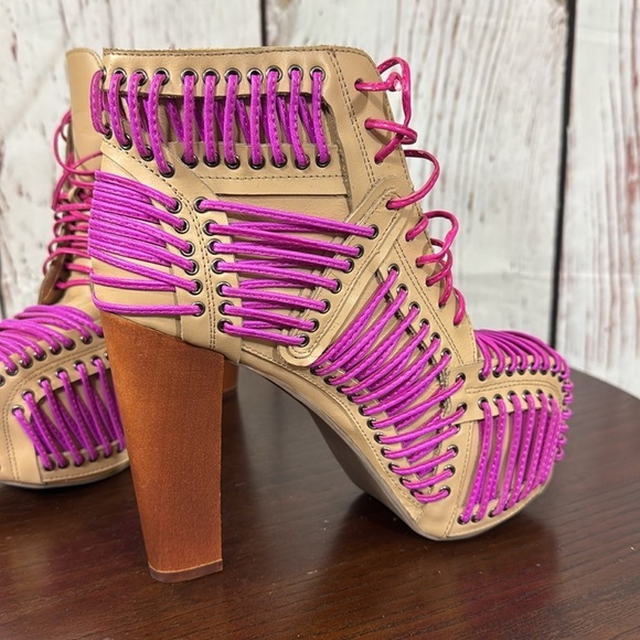 JEFFREY CAMPBELL LITA LACED in Neon Pink & Purple On Tan Leather Ankle Boots 6.5 - Picture 16 of 16